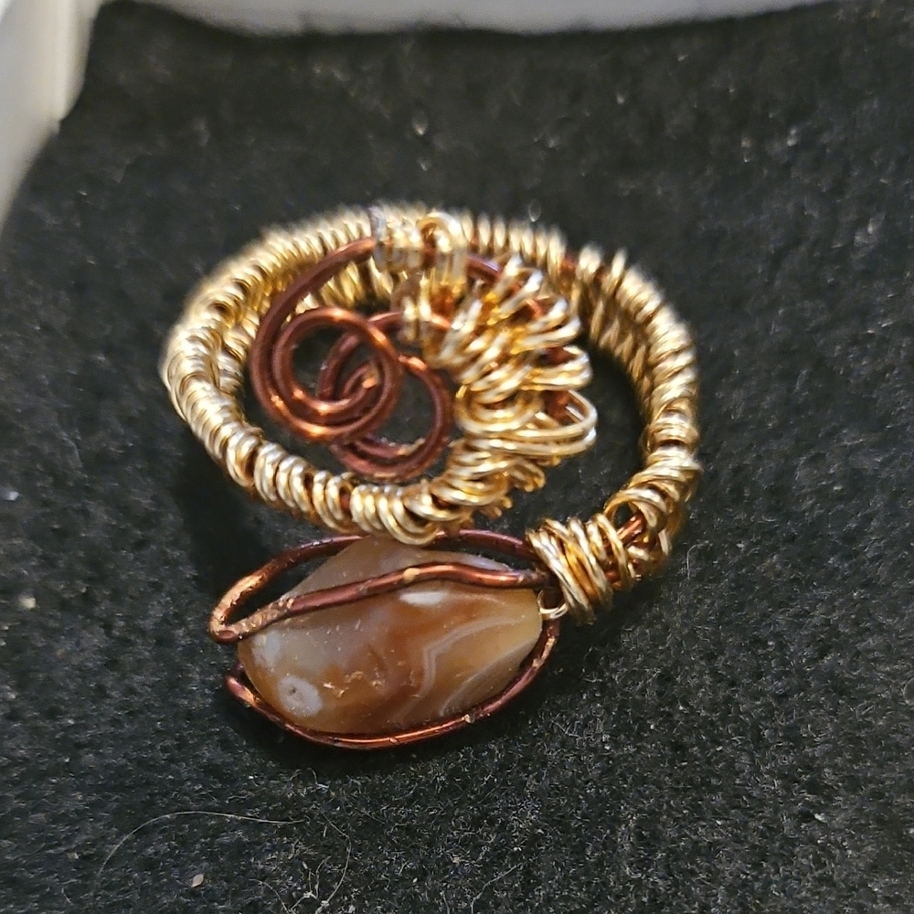 Handcrafted Gold and Copper Wire Wrapped AgateSnake Ring - Artisan Women Jewelry